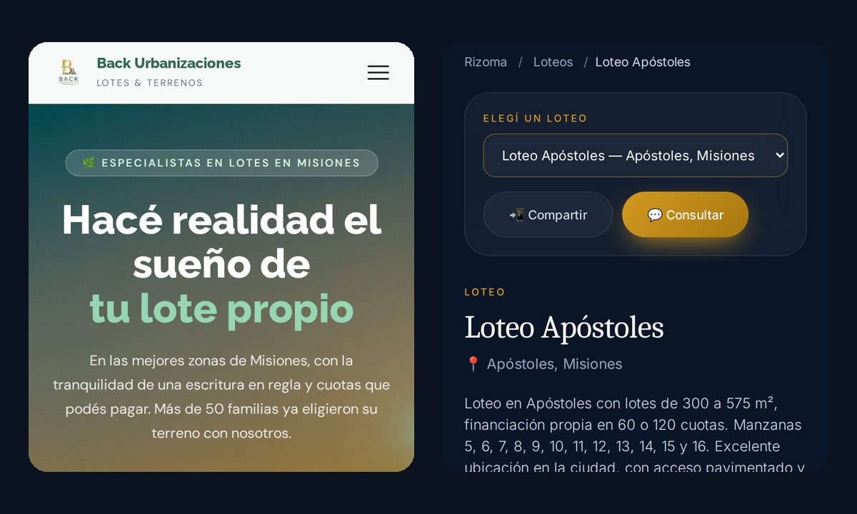 Dos páginas web reales de loteos en Misiones vistas en el celular, Back Urbanizaciones y el loteo Apóstoles de Rizoma